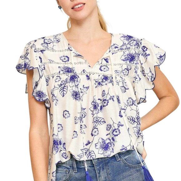 Blue and White Floral Blouse Spring Blouse Work Top Workwear - Picture 1 of 3